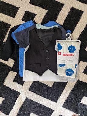 Baby Vest Style Onesie and Blue Tops Set with Huggies Pants-18M